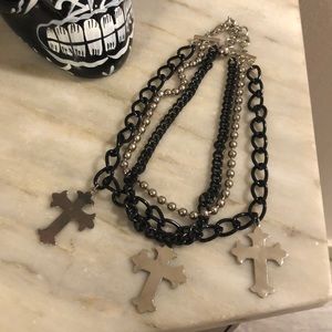 Silver and black metal choker necklace w/ crosses